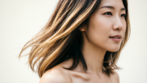 Close-up portrait of a woman with long brown hair and natural makeup against a light background.