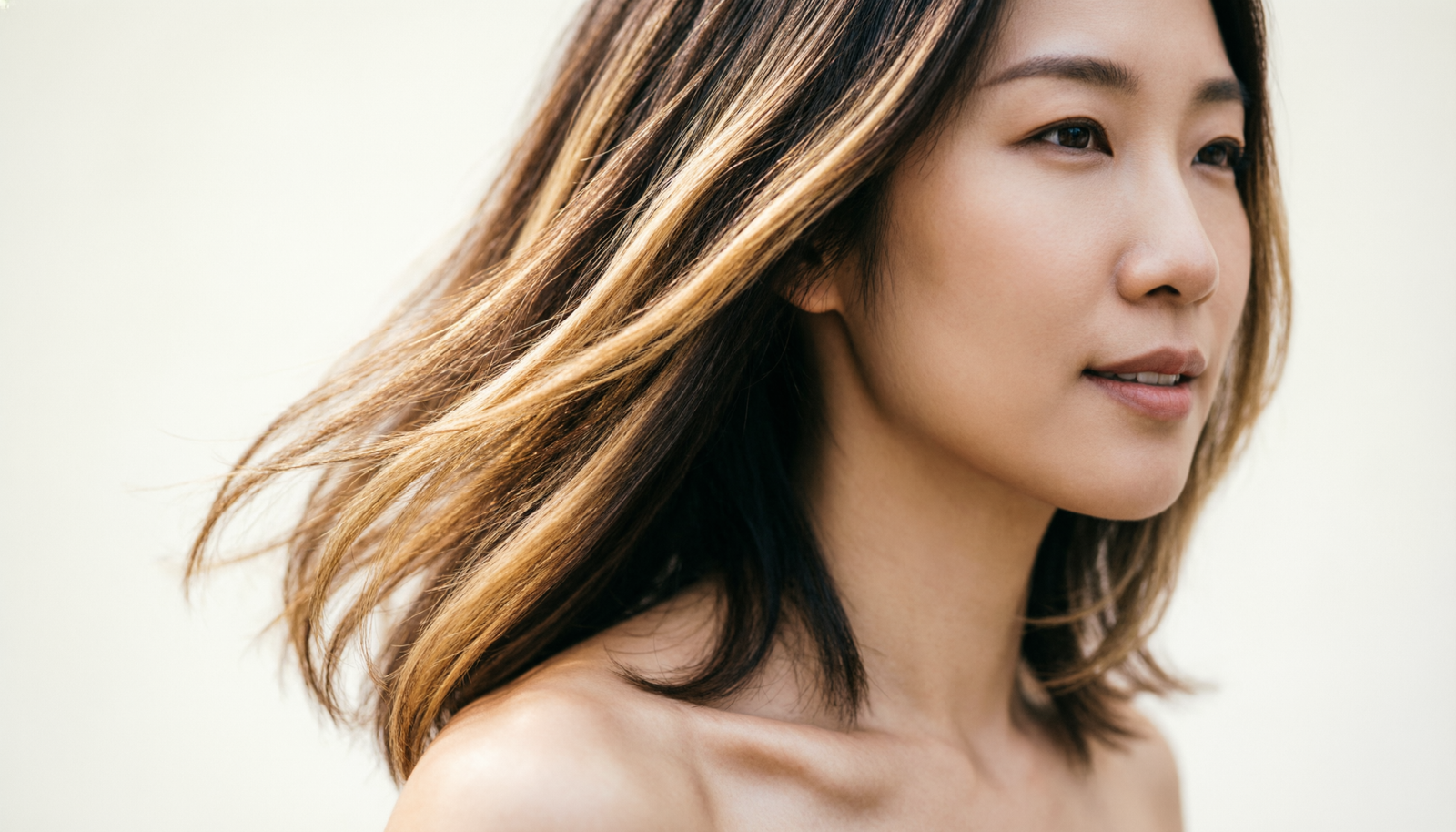 Close-up portrait of a woman with long brown hair and natural makeup against a light background.