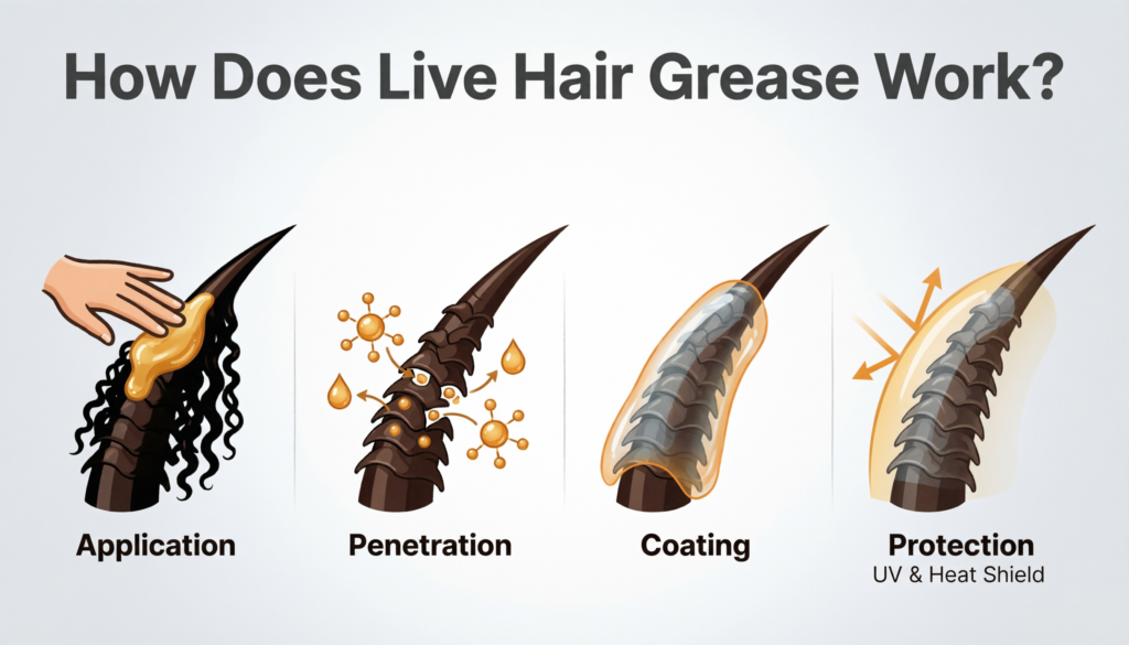 Illustration showing how Live Hair Grease works through application, penetration, coating, and protection against UV rays and heat.