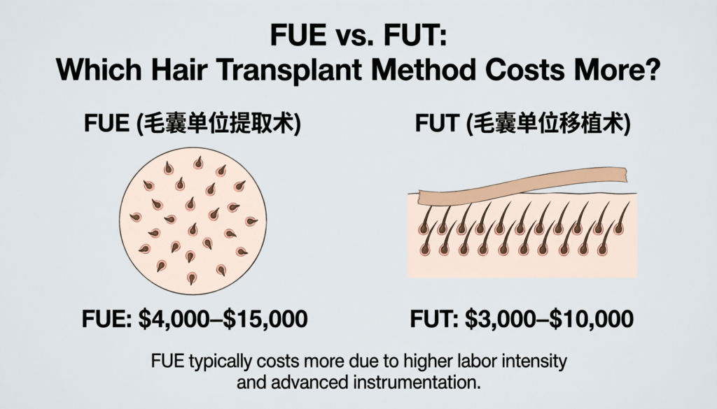 Infographic comparing FUE and FUT hair transplant methods, showing their procedures, estimated costs, and explaining why FUE typically costs more due to higher labor and advanced equipment.