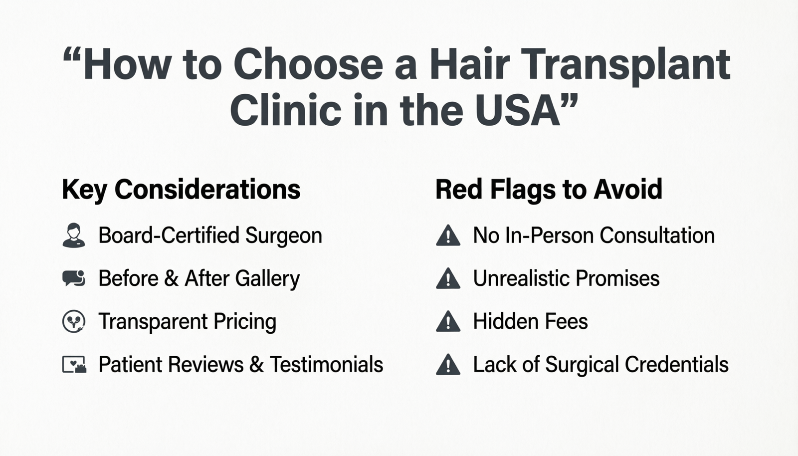 How to choose a hair transplant clinic in the USA, showing key considerations and red flags to avoid.
