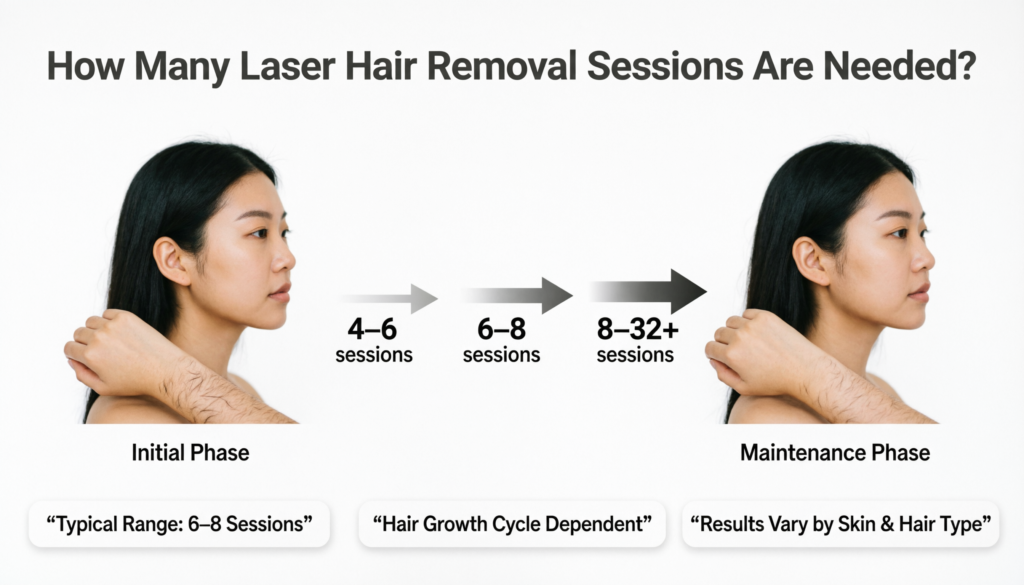How many laser hair removal sessions are needed, showing an initial phase of 4–6 sessions, a typical range of 6–8 sessions, and a maintenance phase, with results varying by skin and hair type.