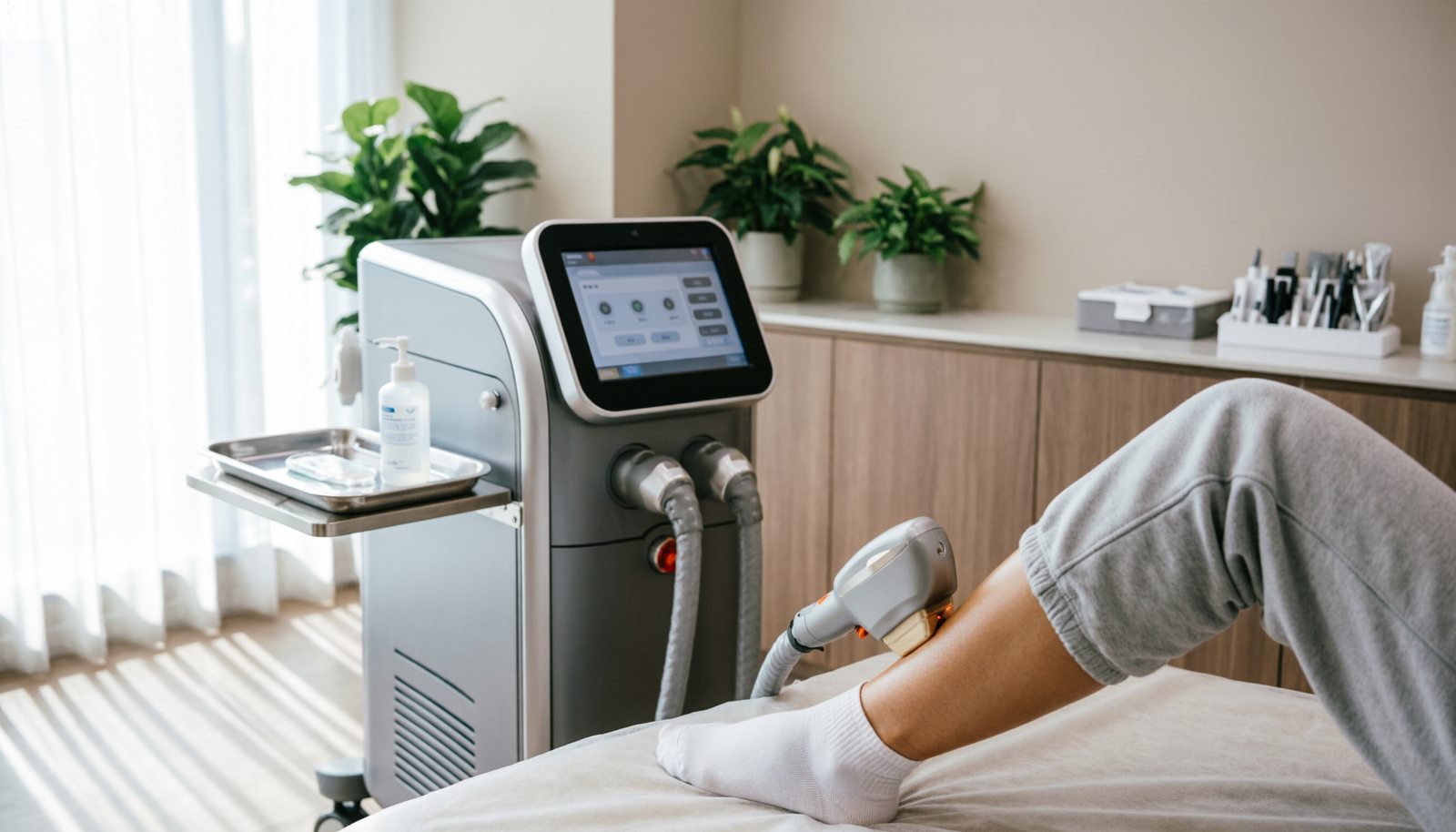 Laser hair removal treatment in a clinic, showing a laser device being used on a person’s lower leg.