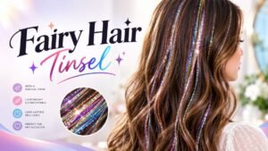 Professional Fairy Hair Tinsel banner featuring glossy brown hair decorated with colorful shimmering tinsel strands, sparkling accents, and a close-up of vibrant hair tinsel.