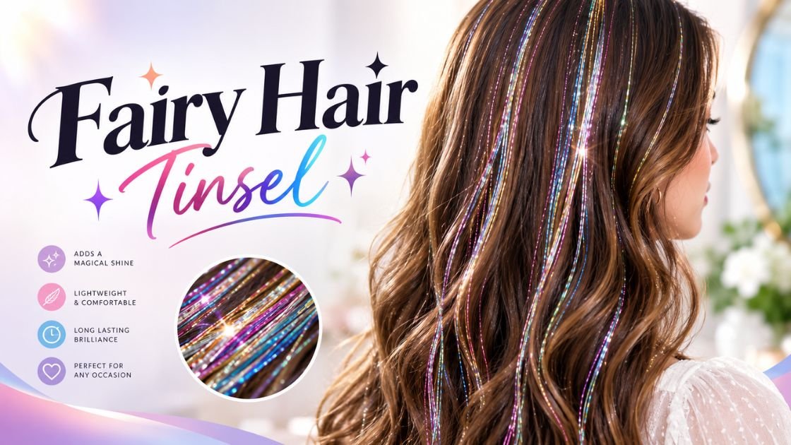 Professional Fairy Hair Tinsel banner featuring glossy brown hair decorated with colorful shimmering tinsel strands, sparkling accents, and a close-up of vibrant hair tinsel.