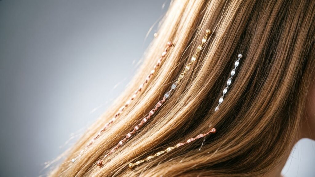Long brown hair decorated with colorful fairy hair tinsel strands.