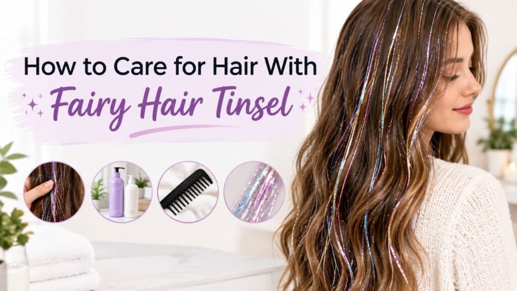 How to care for hair with fairy hair tinsel, featuring a woman with long wavy brown hair decorated with colorful shimmering tinsel strands.