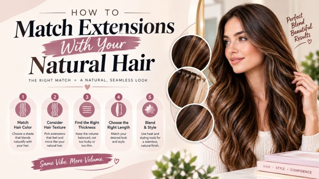 Hair extensions matched with natural brown hair for a seamless, stylish look.