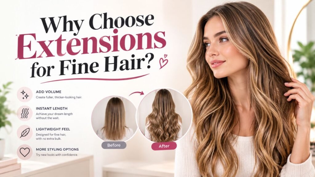 Extensions for fine hair can add natural-looking volume and length, shown with a professional before-and-after hairstyle comparison and a woman with long, wavy hair.