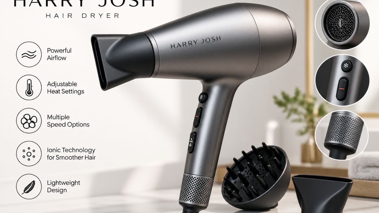 Harry Josh Hair Dryer with styling attachments and adjustable settings