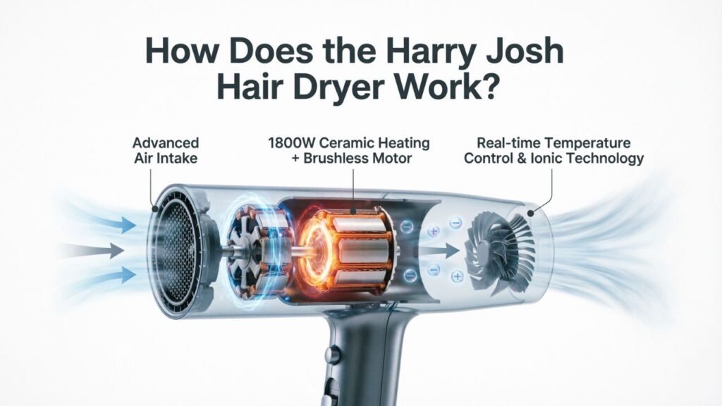 Harry Josh Hair Dryer showing advanced airflow, ceramic heating, brushless motor, temperature control, and ionic technology.