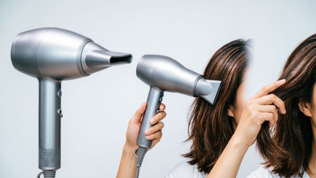 Harry Josh Hair Dryer being used to style and dry hair with a concentrator nozzle.